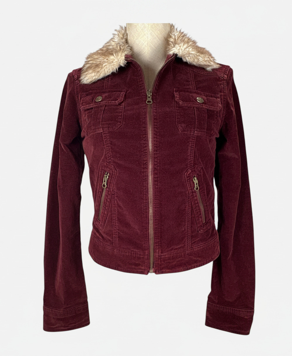 VTG Y2K Aeropostale Micro Corduroy Velvet Faux Fur Crop Jacket Sz Small Burgundy